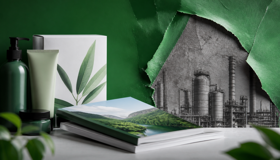 Greenwashing explained through green branding that conceals industrial impacts