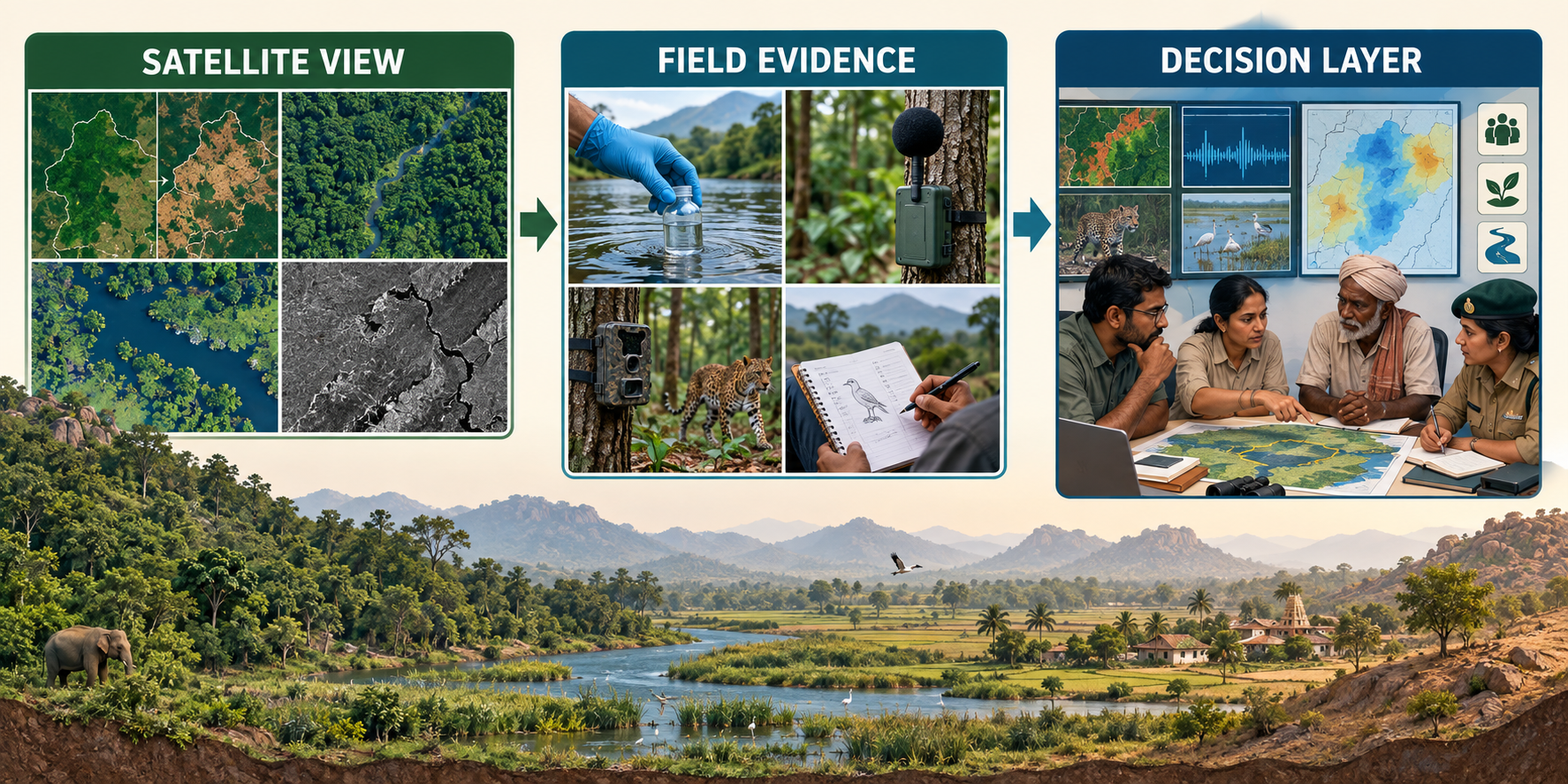 Biodiversity intelligence workflow from satellite view to field evidence and human decision layer
