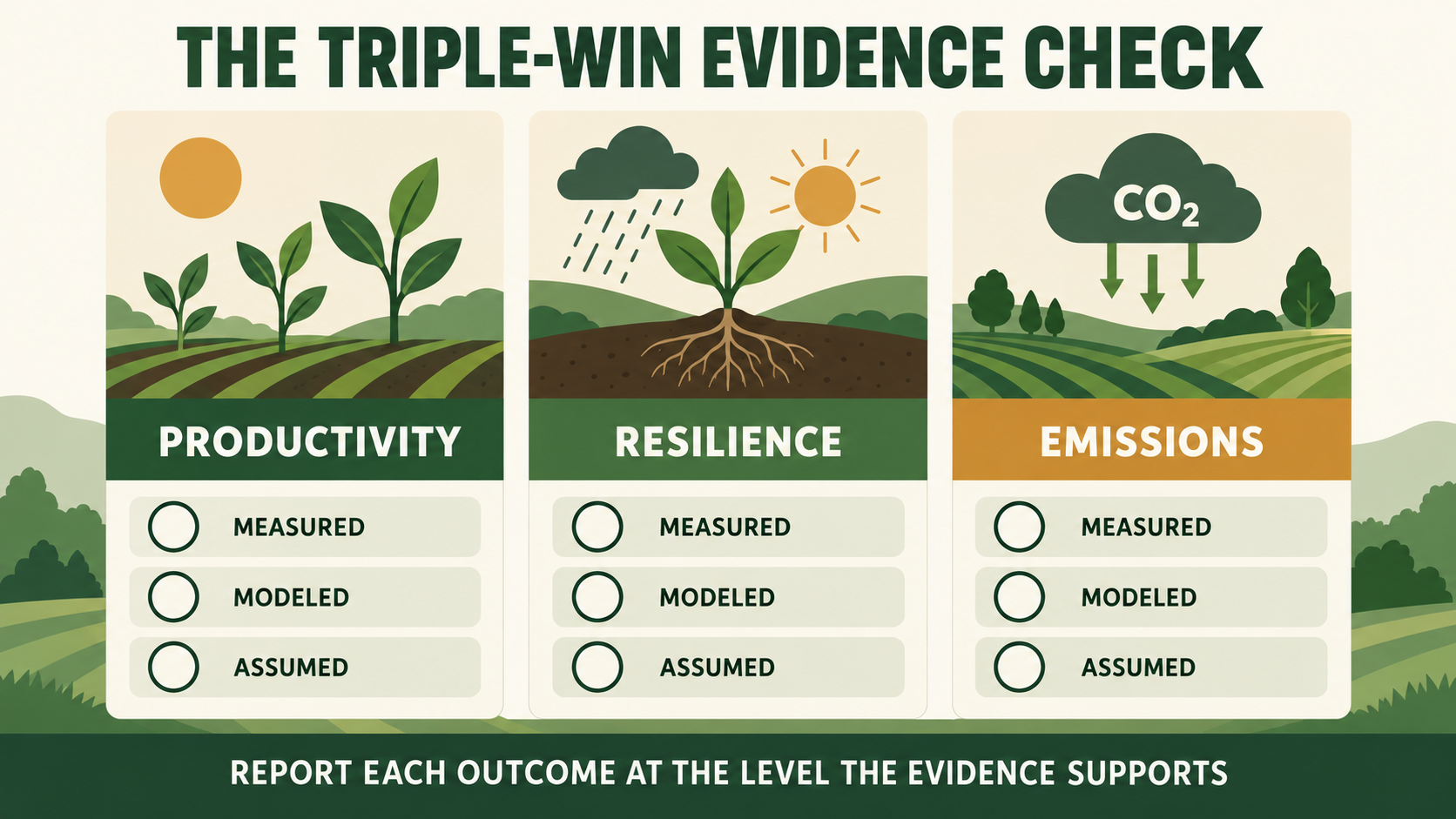 Climate-smart agriculture evidence check showing measured, modeled, and assumed results