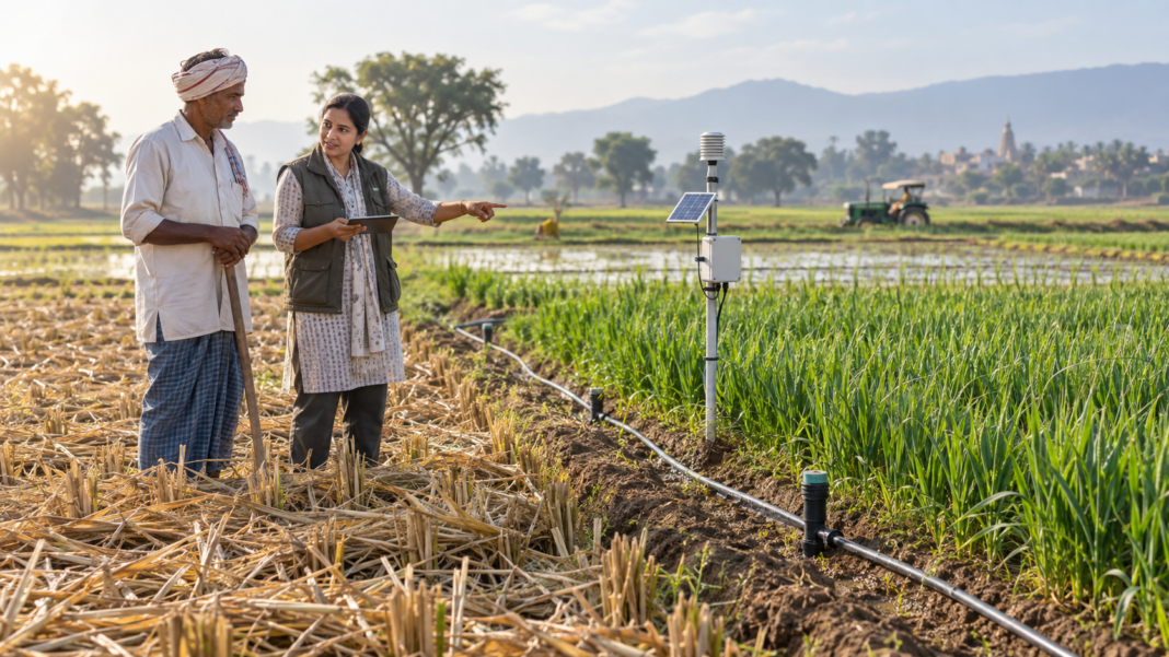 Indian farmer and agronomist reviewing a climate-smart agriculture field trial